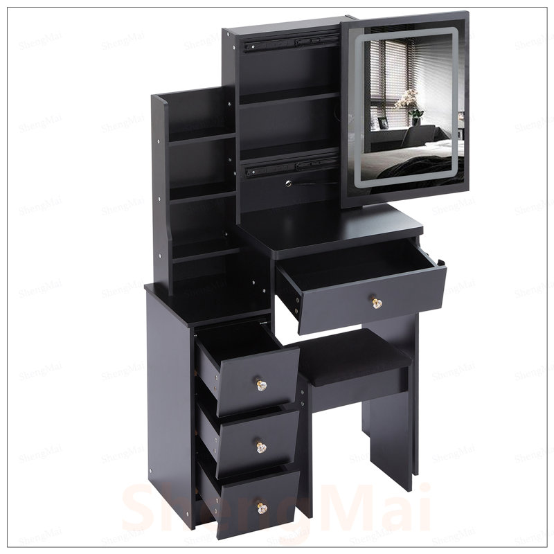 Table de meuble-lavabo compacte avec tabouret rembourré, miroir à DEL et centrale électrique, idéale pour les petits espaces et une utilisation multifonctionnelle.