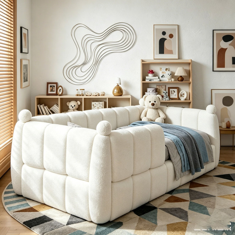 Lit de sol tapissier pour enfants, lit de plancher Montessori avec rails de sécurité, cadre de lit pour enfant, Beige