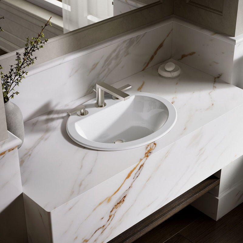 Bryant Ceramic Oval Drop-In Bathroom Sink with Overflow, White, 8" Centers