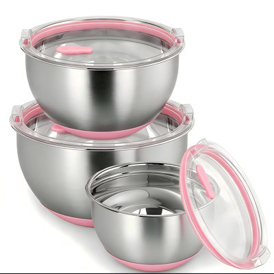 Bol à mélanger avec couvercles hermétiques, ensemble de bols gigognes avec couvercles transparents et valve, 3 tailles essentielles, marques de mesure, base en silicone antidérapante (rose)
