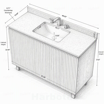 Meuble-lavabo de salle de bain de 48 pouces avec lavabo, armoire autoportante, comptoir en granit naturel et lavabo en céramique avec 3 trous prépercés pour robinetterie.
