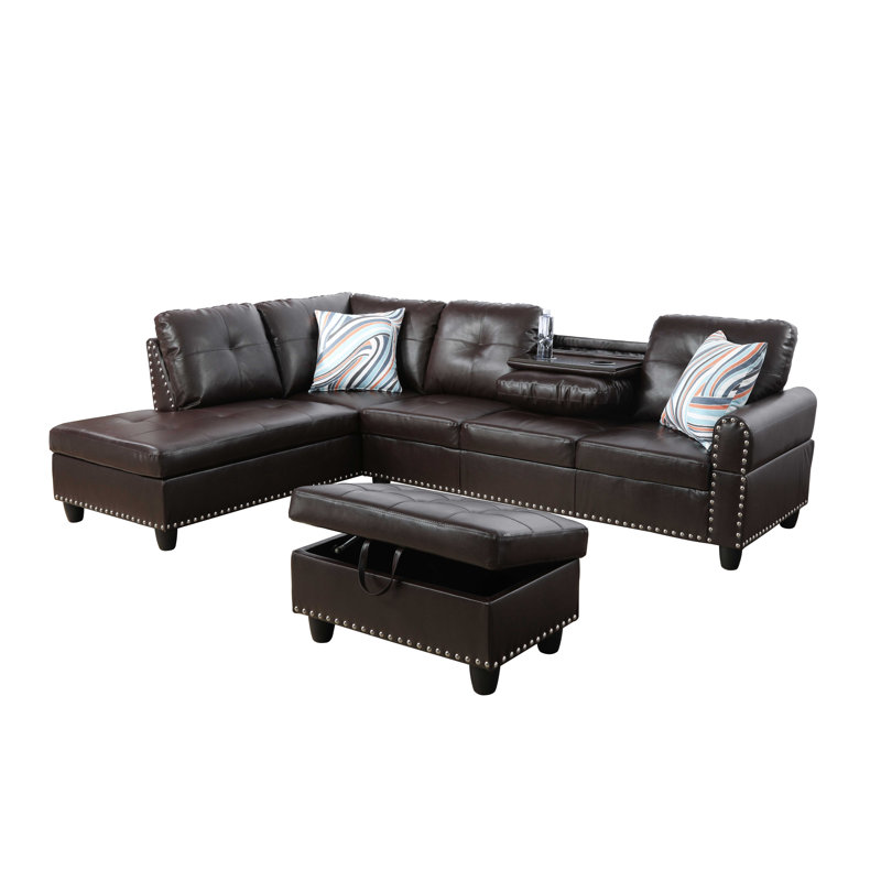 Aamanah 97"Faux Leather Sectional with Ottoman, Brown Faux Leather, Left Hand Facing