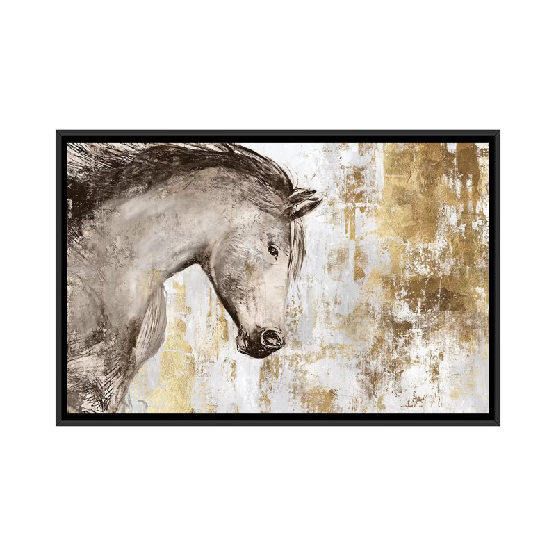 «Équestre Gold V», reproduction sur toile, H 18 po x l 26 po x P 1,5 po, Toile avec cadre noir, Pas de tapis