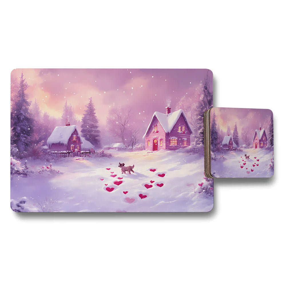 Winter Village Placemat And Coaster Set With Heart Trail In Snow