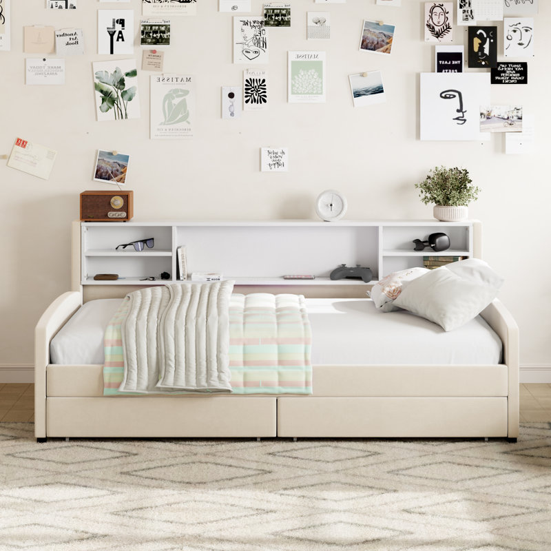 Beige Velvet Twin Bed With Storage Drawers & USB Charging, Beige
