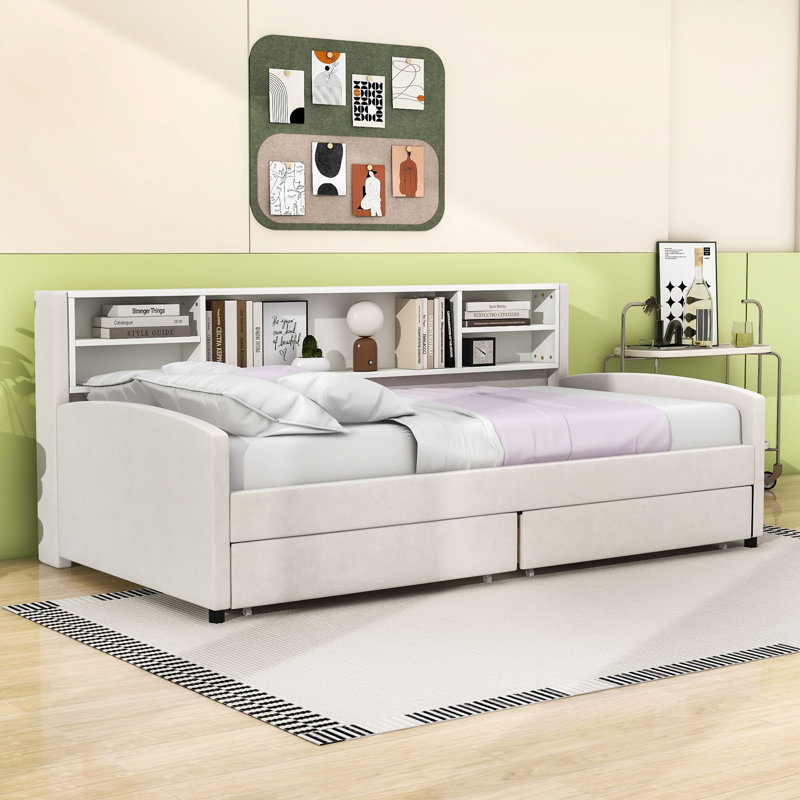 Twin Upholstered Daybed with Shelves and Drawers, Beige