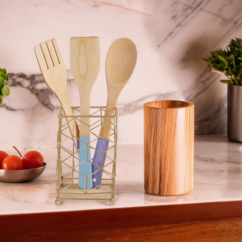 Metal Square Utensil Crock, Gold