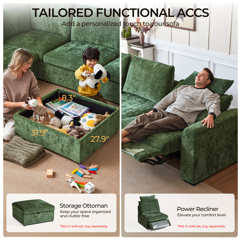 5 Seater Chenille Oversized Modular Sectional Sofa With Double Power Recliner Cloud Reclining Couch With Headrest Storage Drawer Charging Cup Holders Deep L-shaped With Corner And Ottoman