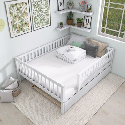 White Full Size Wood Daybed With Trundle And Fence Guardrails by Lark Manor
