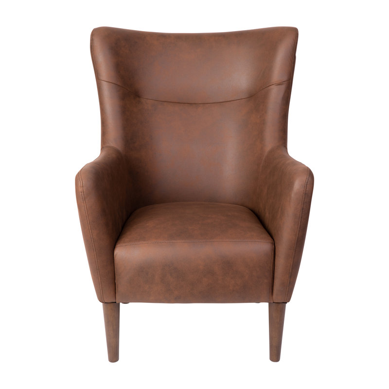 Dark Brown Faux Leather Wingback Accent Chair with Wooden Legs