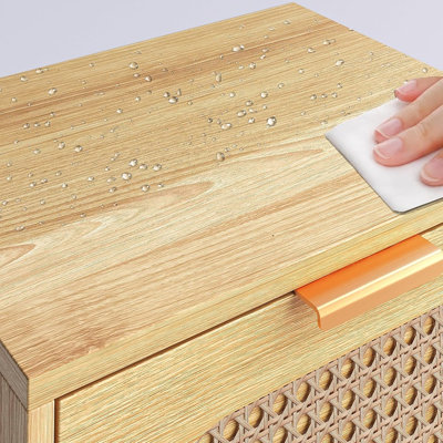 Ensemble de 2 tables de chevet en rotin avec pieds en bois massif, style bohème, pour chambre et salon, design gain de place, naturel
