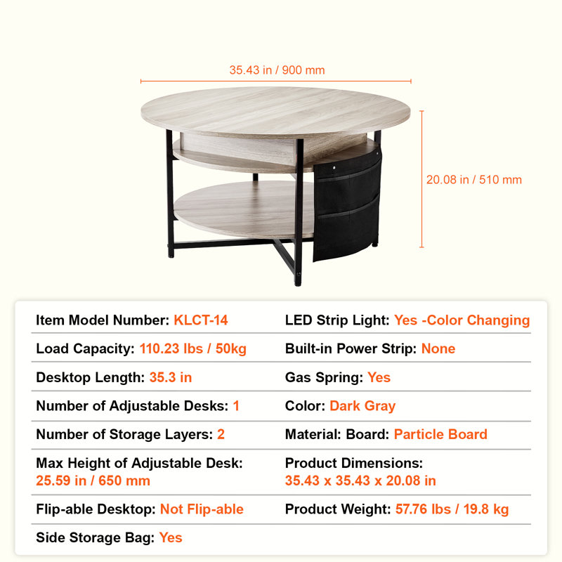 Table basse relevable ronde de 90 cm avec poches de rangement supplémentaires, idéale pour le salon, blanche.
