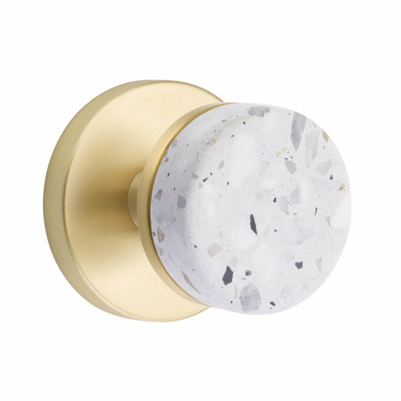 Ensemble de faux boutons Emtek Select, rosette à disque, tige conique, bouton terrazzo clair, Laiton satiné