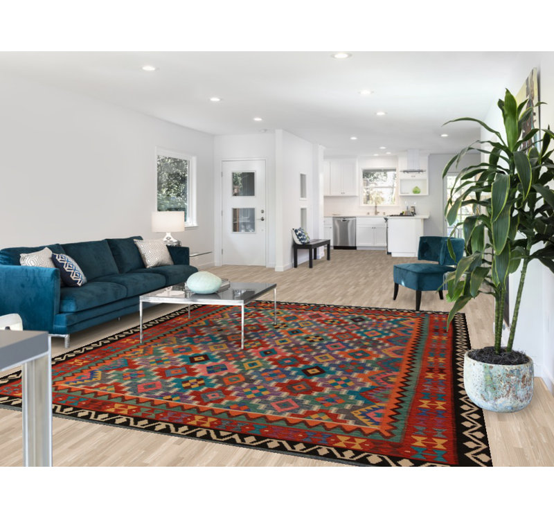 Tapis oriental géométrique en laine Kilim 8 x 10