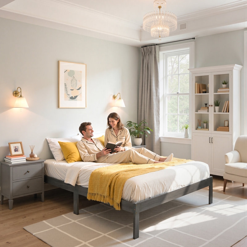 Structure de lit plateforme en bois massif de 12 pouces, structure de lit en bois sans sommier, Grey, Grand lit