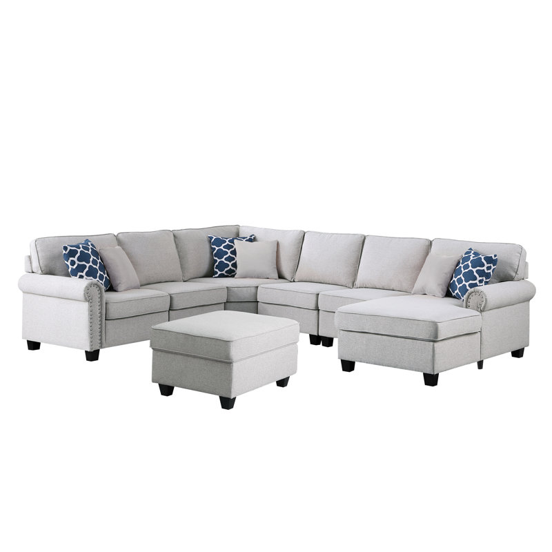 Canapé modulaire de coin avec repose-pieds Alipio, Mélange de polyester gris clair