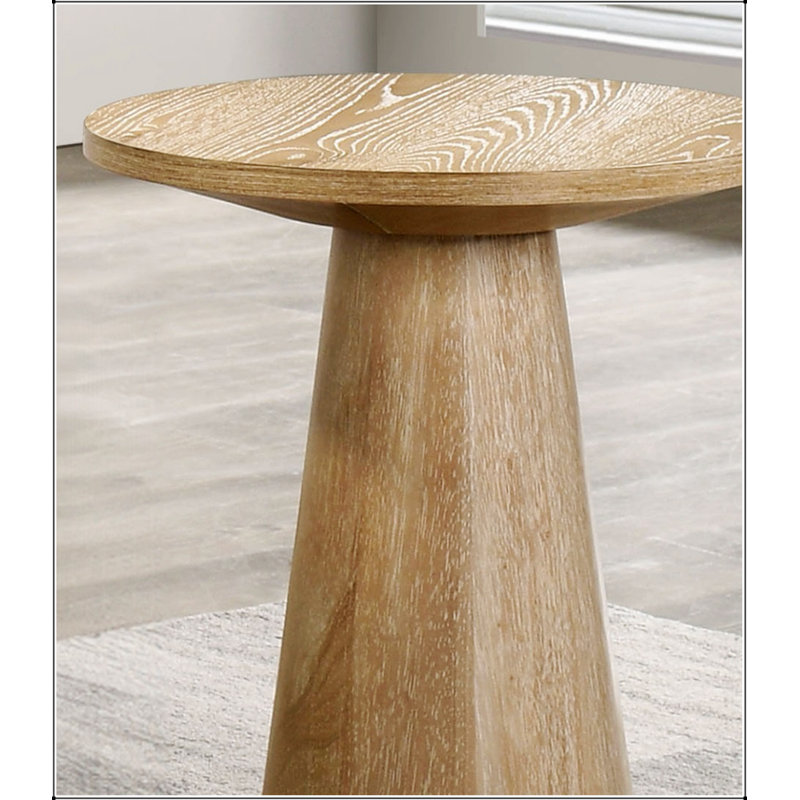 Table de bout ronde à piédestal à base conique unique avec structure contemporaine en bois d'hévéa