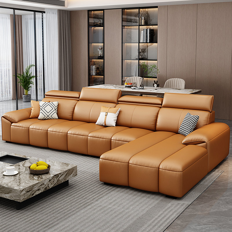 Canapé modulaire 3 pièces rembourré, H 36,61 po x l 125,98 po x P 70,87 po, Cuir grainé orange / cuir assorti