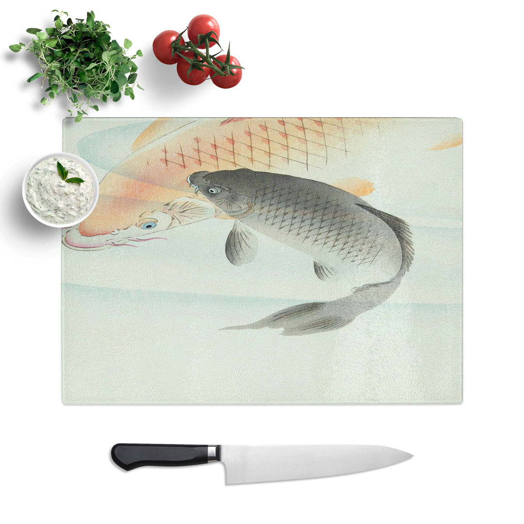 Tempered Glass Two Carp Fish by Ohara Koson Chopping Board