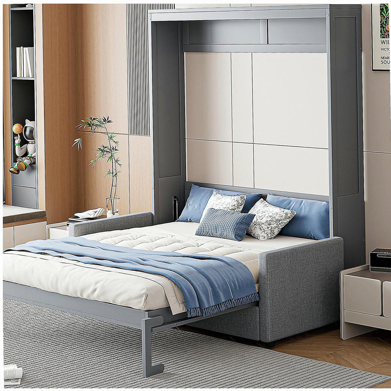 Lit escamotable double avec oreiller, gris, Gris