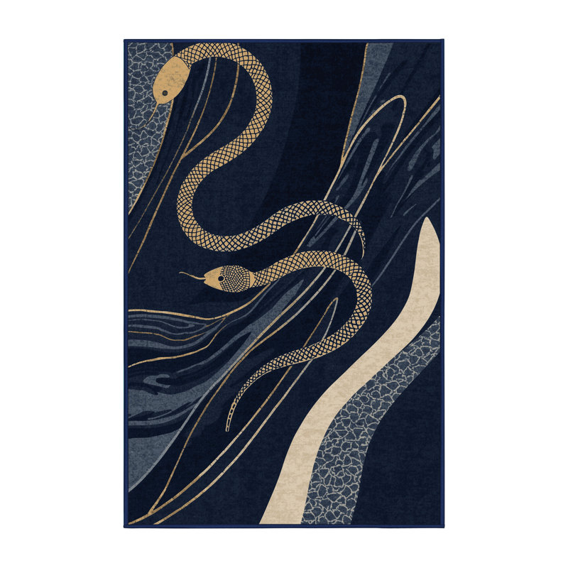 Tapis bleu moelleux doux et moelleux à motif abstrait éclectique Faune Lamia, 7 x 9