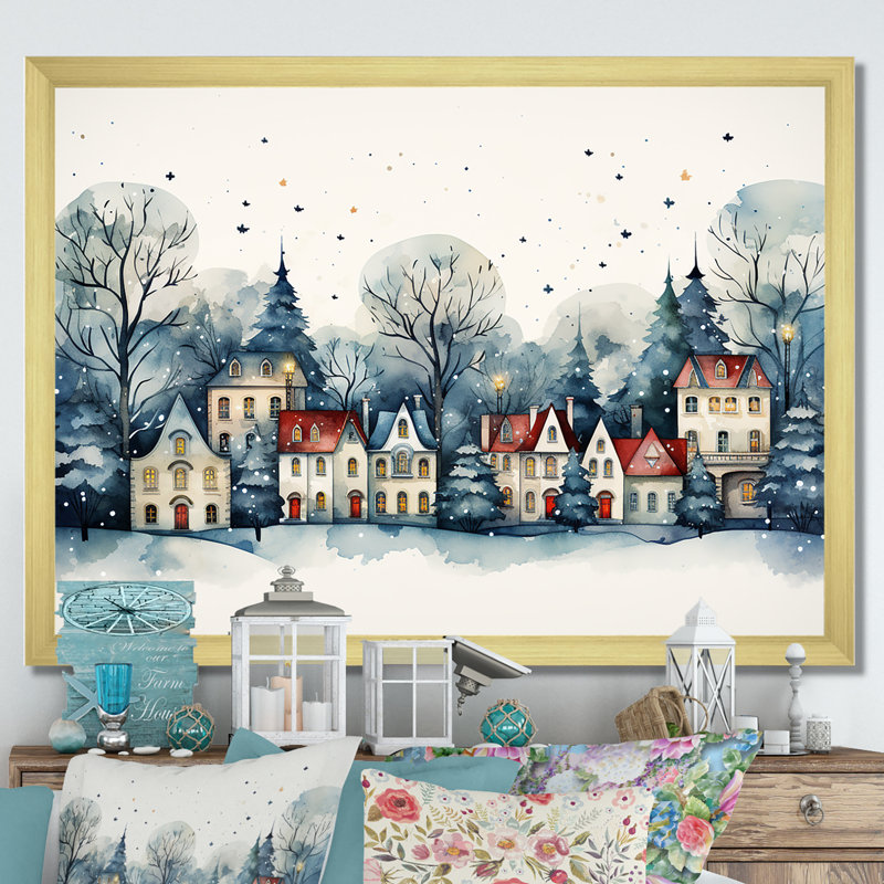 «Christmas Village In Winter I - Winter Landscape», art mural, Cadre doré à coins fermés, H 12 po x l 20 po x P 1 po