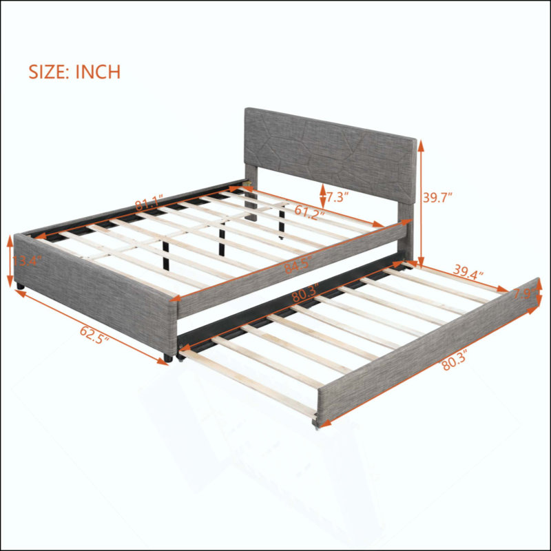 Lit plateforme tapissier avec tête de lit à motif brique et gigogne simple TG, tissu en lin, Gris