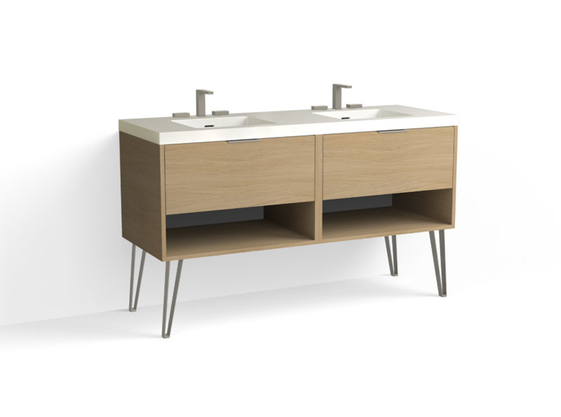 Modo 60" W Freestanding Double Bathroom Vanity with Dawson Leg, Gloss White/8" Widespread, Biondo, Satin Nickel
