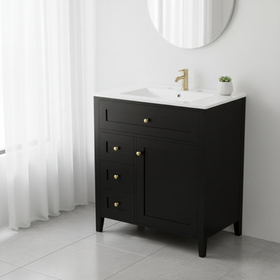 Meuble-lavabo autoportant de 30 po avec lavabo et meuble-lavabo moderne en bois d'hévéa et en bois franc avec 3 tiroirs et une tablette réglable pour beaucoup de rangement et d'organisation