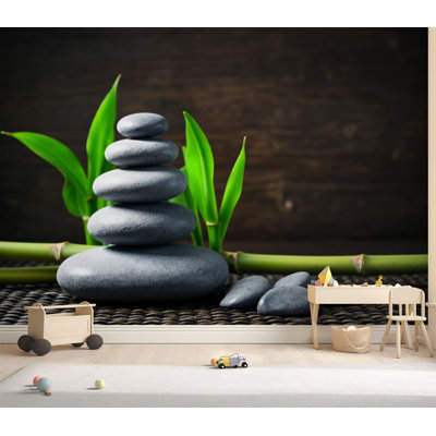 Wall Mural Peel and Stick Wallpaper White zen balance stones bamboo plant wooden table Self-Adhesive Removable Contact Paper Wall Decor for Living Room Bedroom 69"H x 96"W