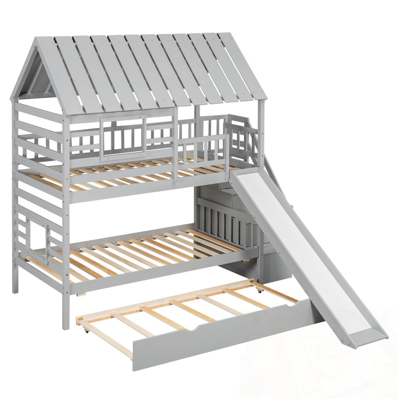 Lit superposé simple au-dessus de simple avec lit gigogne, toboggan et escalier de rangement, Gris