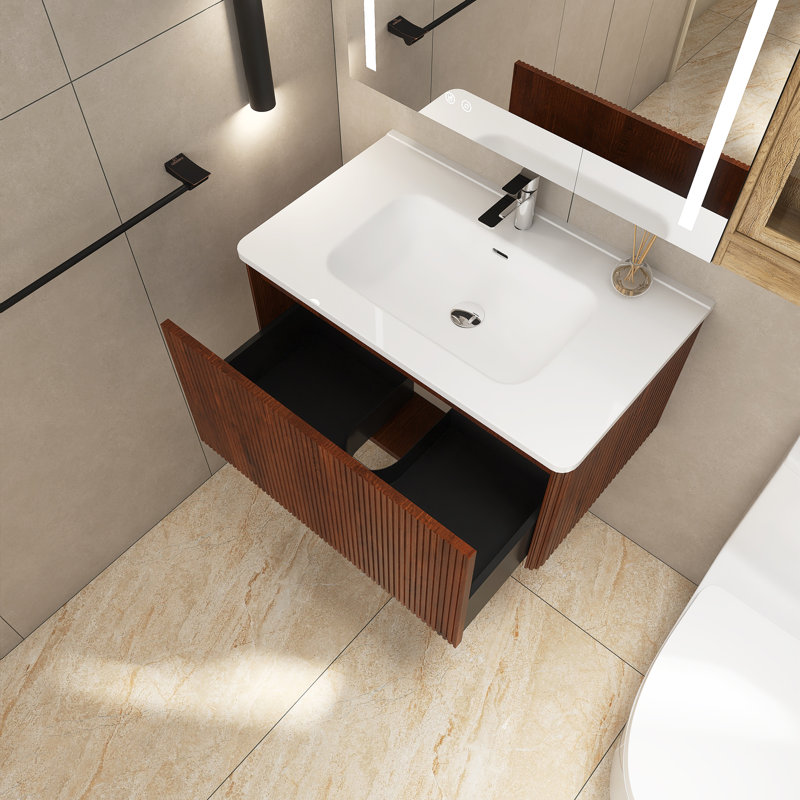 Ensemble de meuble-lavabo simple 29,9 po avec plateau Treisa, Noyer