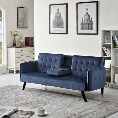 72" Velvet Convertible Sofa Bed With Cup Holders, Tufted Folding Futon Sleeper Couch, Mid-Century Modern 3 Seater For Small Spaces
