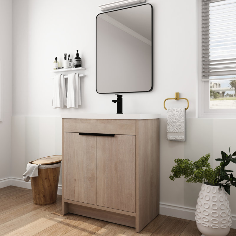 Disposition de meuble-lavabo blanc en résine blanche. 30 pouces autoportantes, 2 portes d'armoire. Fabrication en contreplaqué, tablette réglable. Poignées en métal. Plancher de chêne brut avec inclus. Fabriqué, sensé