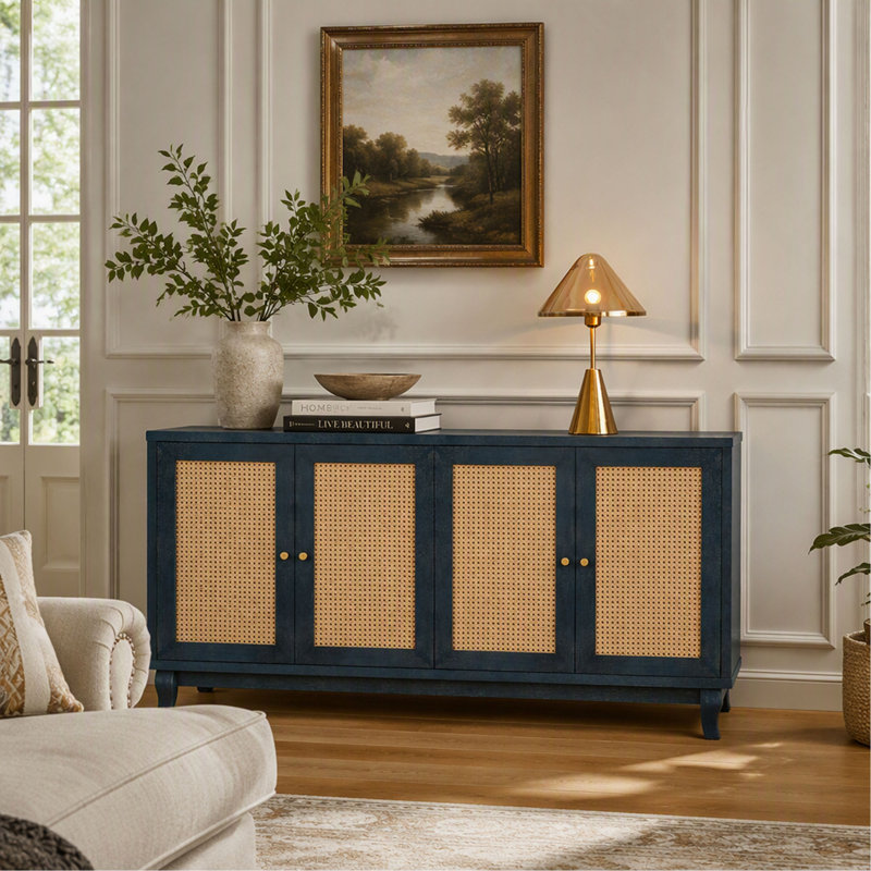 Buffet en rotin bleu avec 4 portes et tablettes réglables pour le rangement du salon