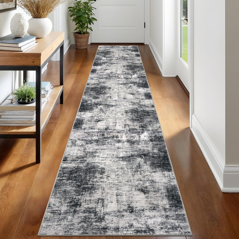 Abstract Kitchen Runner Rug Washable, 2' x 12' (Runner), Black/Grey/White