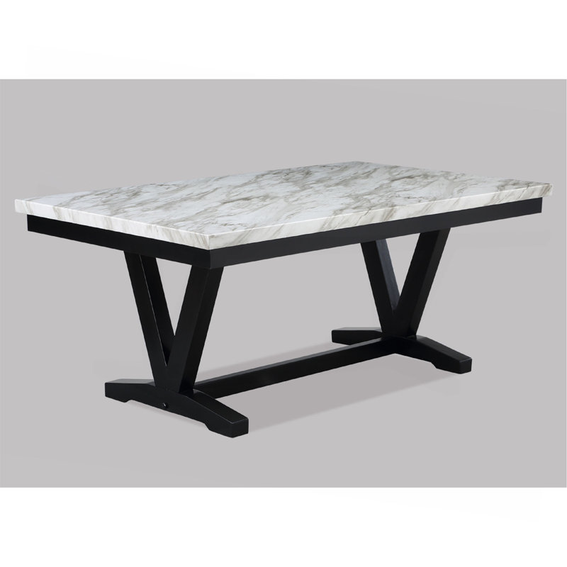 Table de salle à manger moderne moderne en faux marbre et noir avec table en forme de V et tréteaux