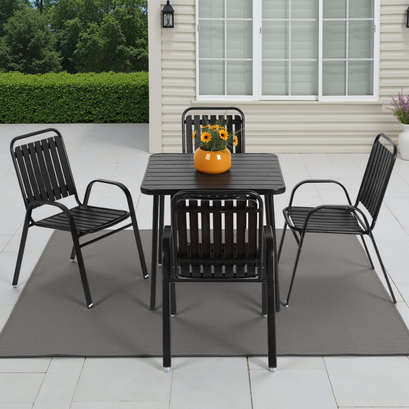 Ensemble repas carré 5 pièces, table en acier résistant à la rouille et chaises en plastique, Noir