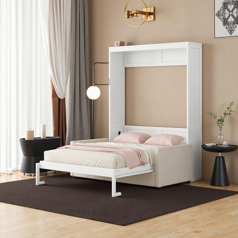 Grand lit escamotable 66,8 po avec canapé convertible peu encombrant, Blanc