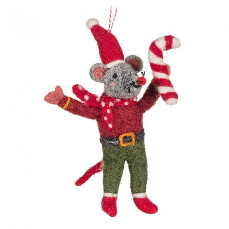Winter Mouse Holding A Candy Cane Ornament