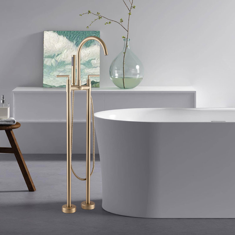 Robinet de baignoire sur pied à 2 poignées avec douchette sur pied, Or brossé