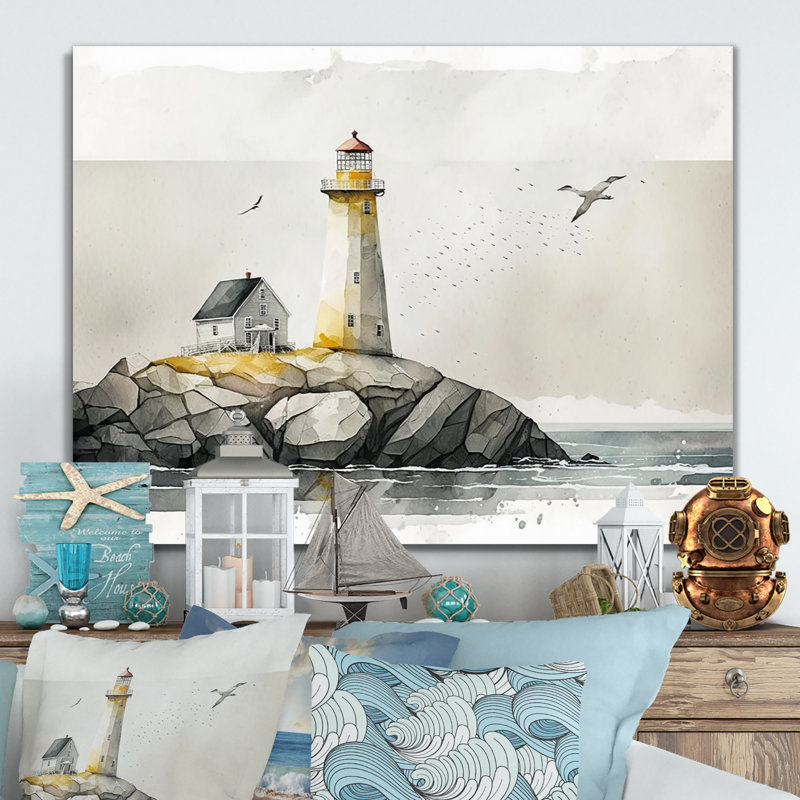 Phare sur la côte II - phare côtier, art mural, H 16 po x l 32 po x P 1 po, Toile tendue