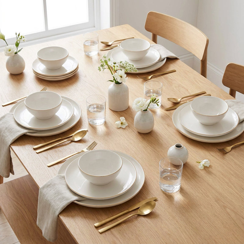 Service de table 100% porcelaine dorée crème à rebord doré (service de 16 pièces pour 4 personnes)