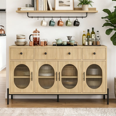 Buffet Sideboard Cabinet with Storage, Modern Farmhouse Coffee Bar Cabinet with 4 Oval Doors and Adjustable Shelf, 3-Drawer Accent Cabinet Console for