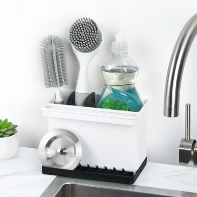 Plastic Kitchen Sponge & Brush Holder for Sink, Countertop Organizer with Dividers