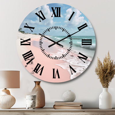 Pink Minimalism Beach Landscape II - Landscapes Black Face Wall Clock