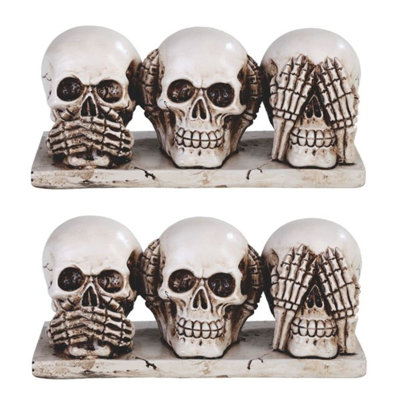 "2-PC Set" ICE ARMOR 3-PC Skull Head Hear See Speak No Evil 6.5"W Figurine Set Statue Sculpture Ornament Decoration Home/Room Decor and Unique Gift Ideas for Housewarming, Holidays and Birthdays Great Collectible Addition