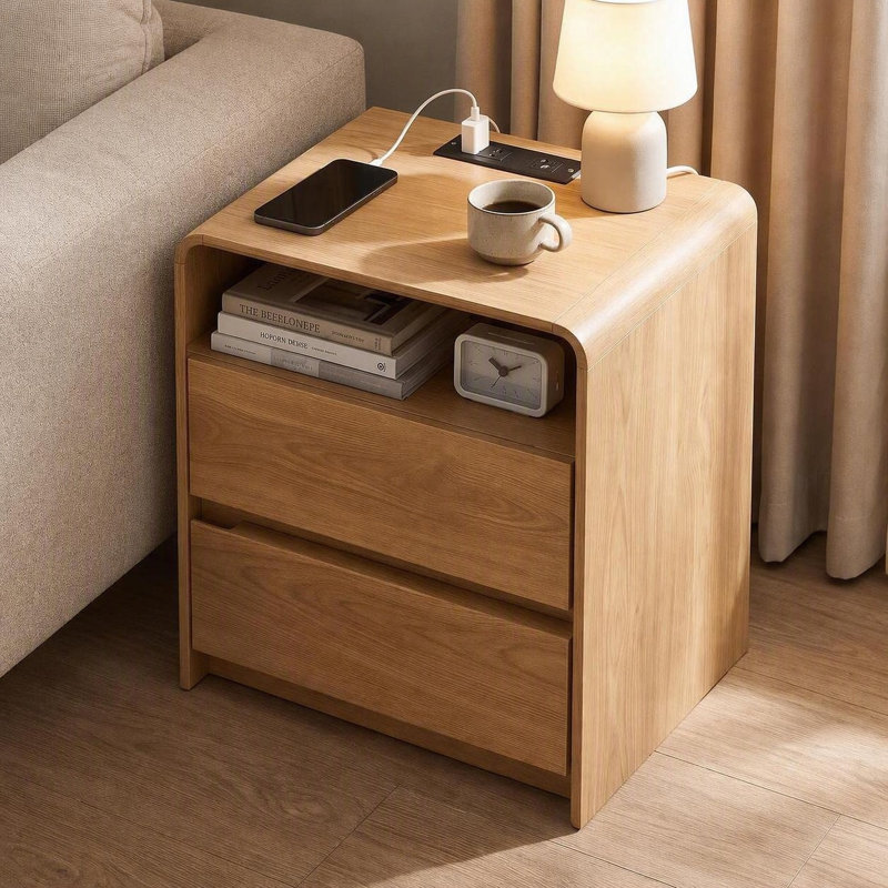 23.6"W Nightstand with Charging Station, 2 Drawers and Open Shelf, Oak, Oak, 1 Piece