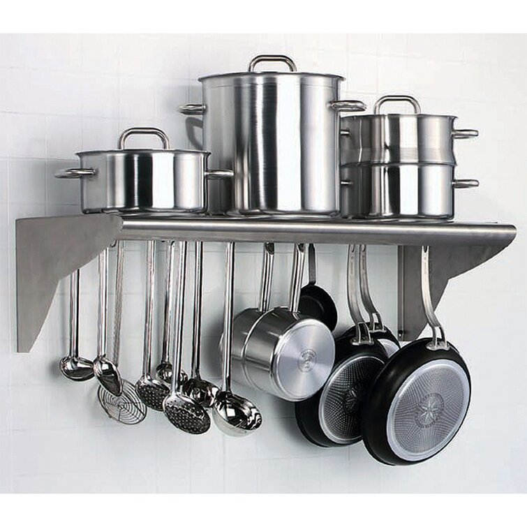 Kitchen Tek 304 Stainless Steel Wall Mounted Pot Rack - with Shelf, 18  Galvanized Hooks - 15 x 48 - 1 count box