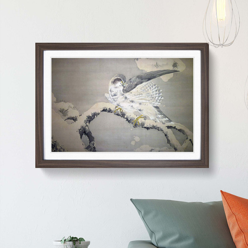 Falcon Birds by Matsumura Goshun - Picture Frame Painting Print, Walnut Framed, 36cm H x 48cm W x 2cm D